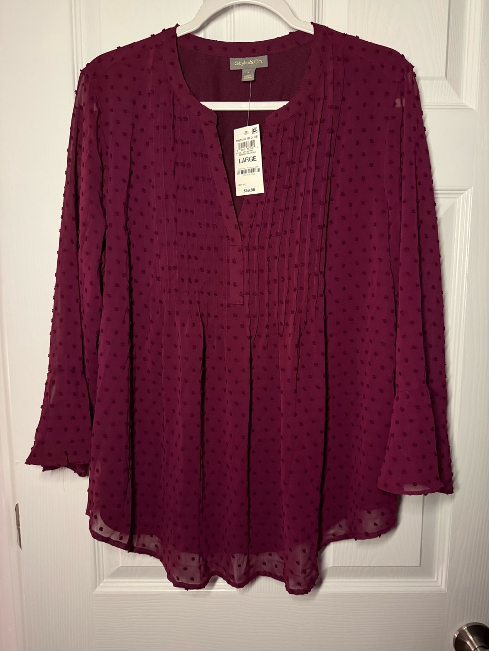 Style & Co. NWT Burgundy Swiss Dot Tunic Blouse Sz L